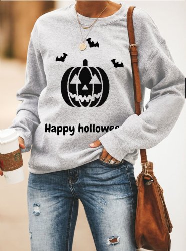 Happy Holloween Pumpkin Print Crew Neck Women Pullover & Sweatshirt