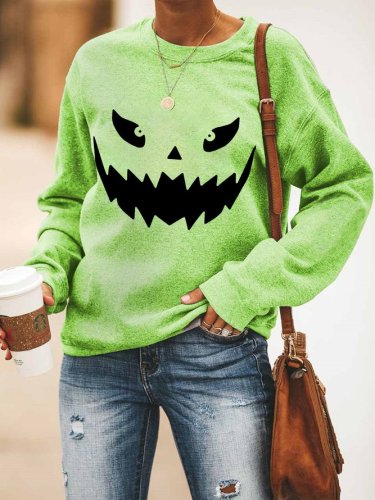 Pumpkin Face Halloween Long Sleeve Casual Cotton-Blend Sweatshirt