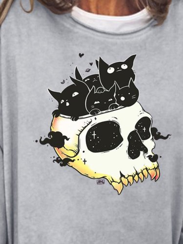 Skull Full Of Cats Women's Cotton-Blend Crew Neck Casual Shift Sweatshirt