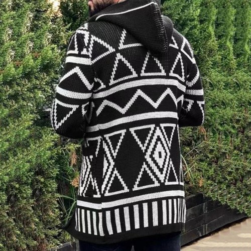 Pocket Lapel Plain Mid-Length Casual Men's Aztec Sweater