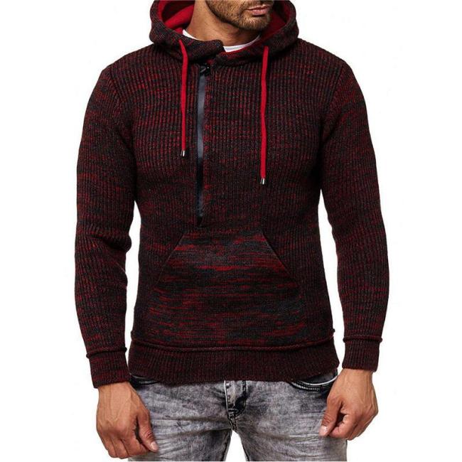 Pocket Plain Hooded Standard Straight Men's Sweater
