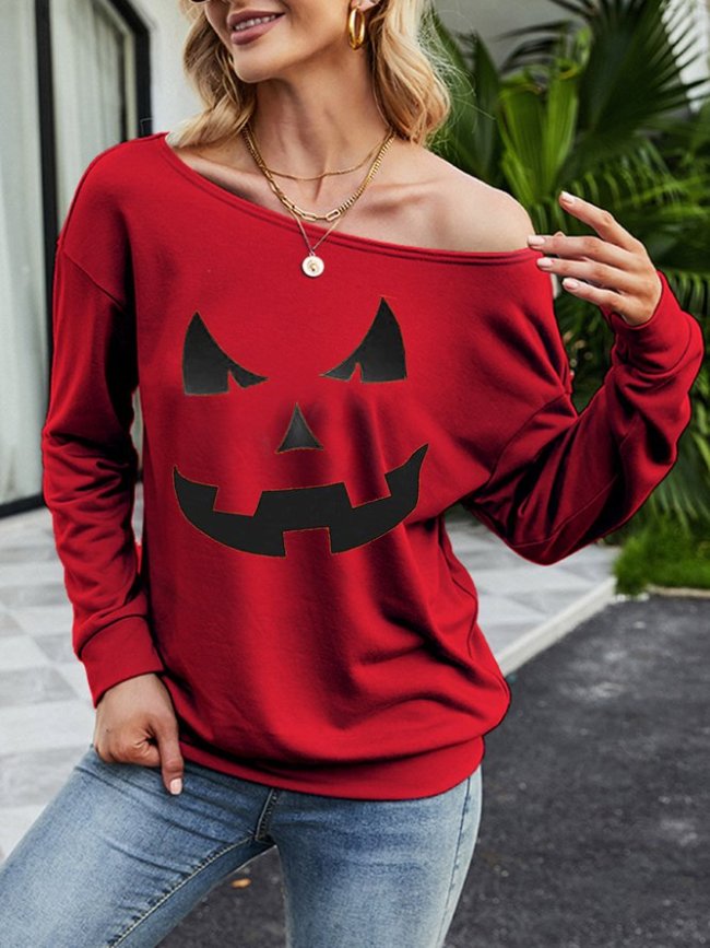 Halloween Pumkin Off Shoulder Long Sleeve Sweatshirt