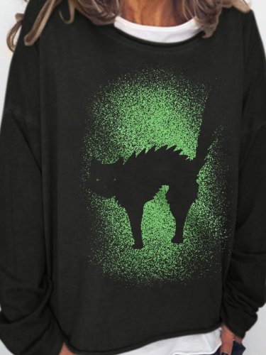 Womens Glowing Cat Glow In The Dark Cool Halloween Long Sleeve Sweatshirt