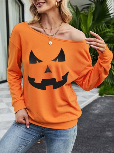Halloween Pumkin Off Shoulder Long Sleeve Sweatshirt