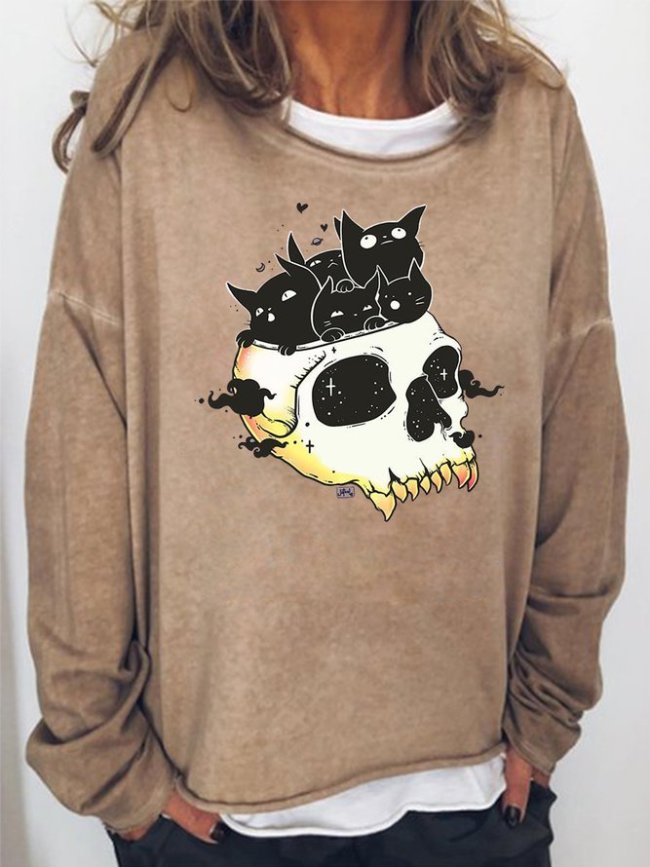 Skull Full Of Cats Women's Cotton-Blend Crew Neck Casual Shift Sweatshirt