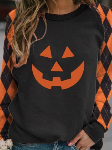 Graphic Halloween Pumpkin Argyle Check Patchwork Sweatshirt