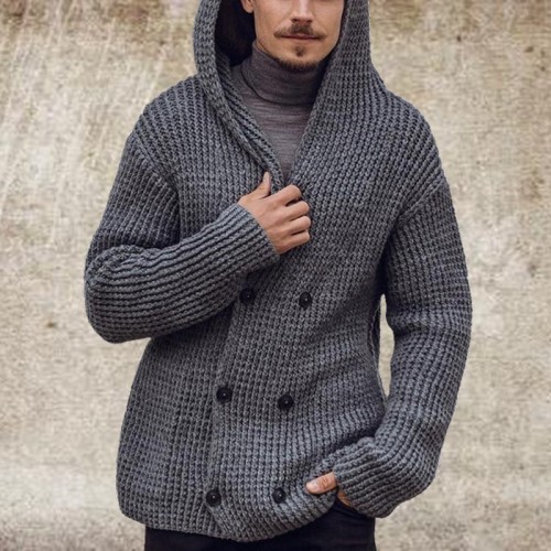 Men's Double Breasted Cardigan Hooded Sweater