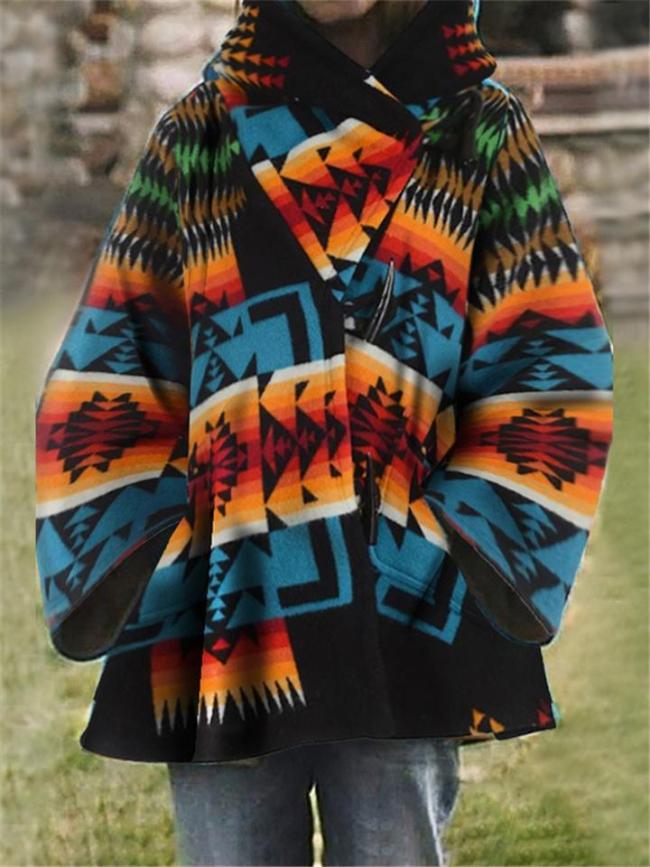 Black Boho Color-Block Printed Patchwork Hooded Aztec Jacket & Coat