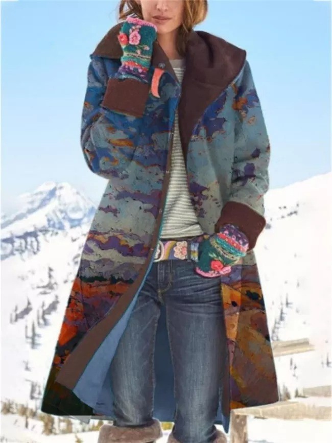 Cozy Warm Landscape Printed Button Up Midi Length Hooded Aztec Jacket & Coat