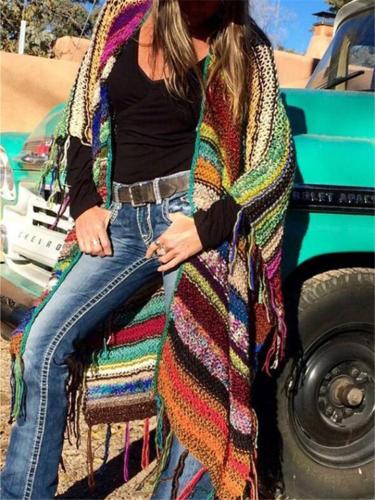 Bohemian Color Block Tassel Knitted Sweater Long Aztec Shawl Cardigan