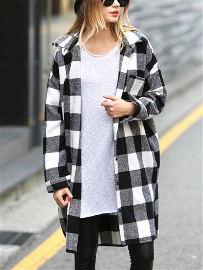 Comfortable Classic Lapel Collar Checked Print Button Fastening Side Slit Plaid Jacket Coat