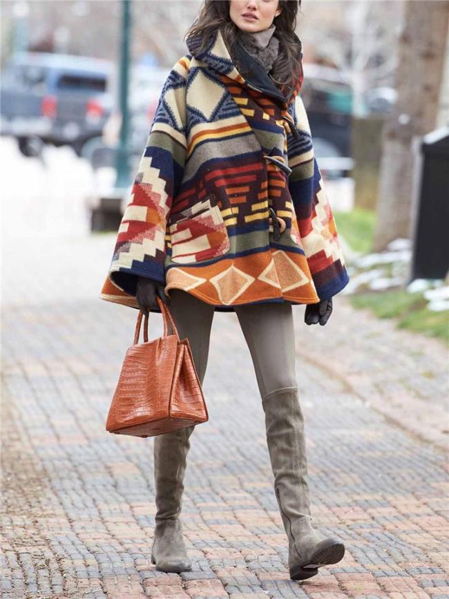 Fashion Geometric Printed Long Sleeve Hooded Woolen Aztec Jacket & Coat