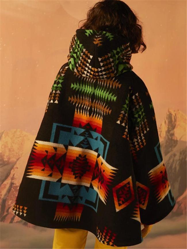 Black Boho Color-Block Printed Patchwork Hooded Aztec Jacket & Coat
