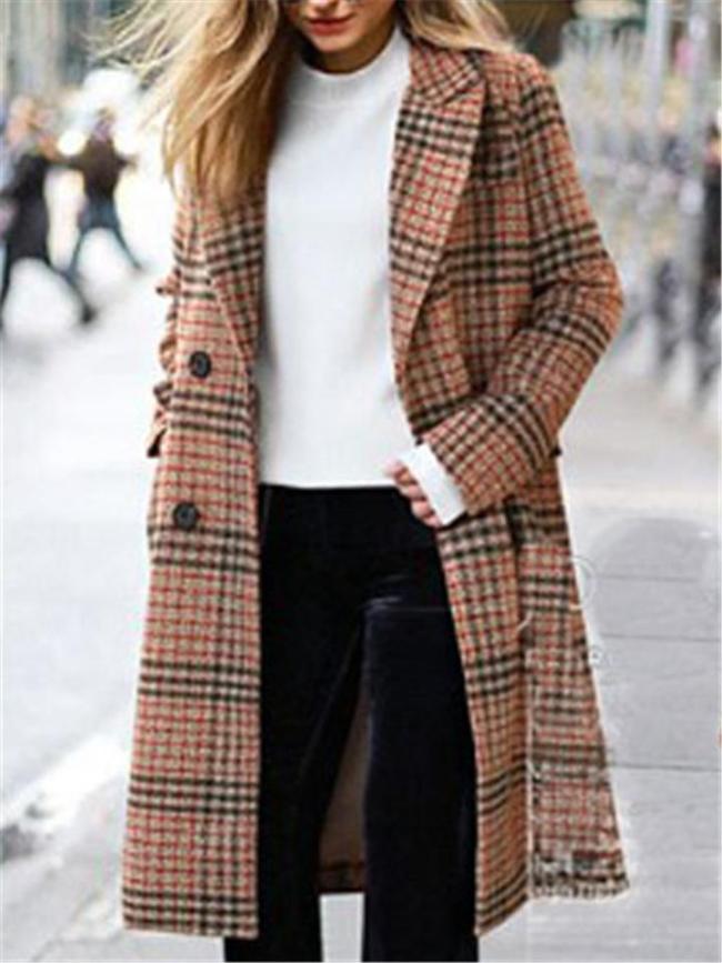 Women Fashion Plaid Lapel Woollen Coat