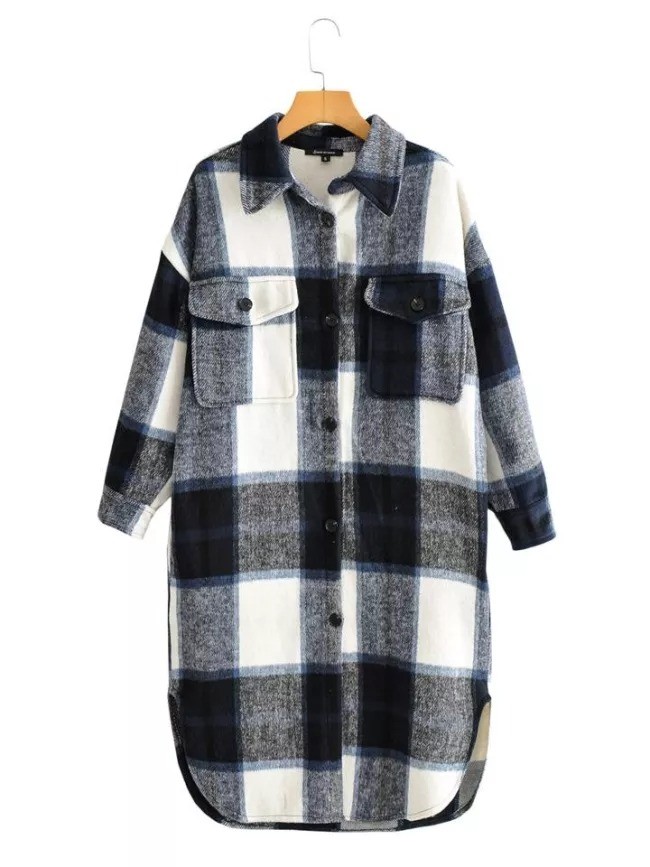 Comfortable Chest Pocket Button Fastening Curved Hem Checked Pattern Midi Plaid Jacket Coat