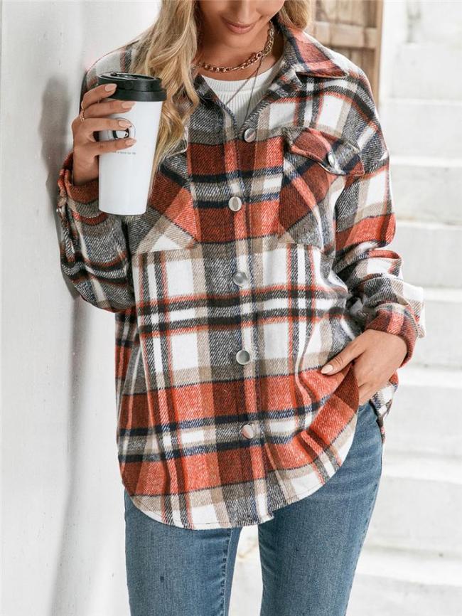 Checked Pattern Flap Chest Pocket Button Fastening Plaid Jacket Coat