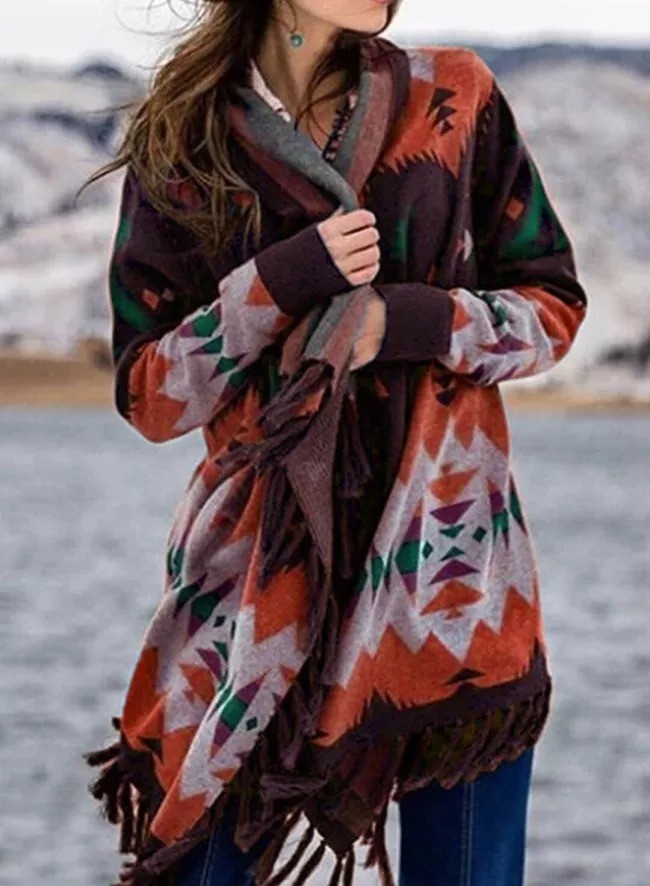 Cotton Geometric Long Sleeve Aztec Jacket & Duster Coat