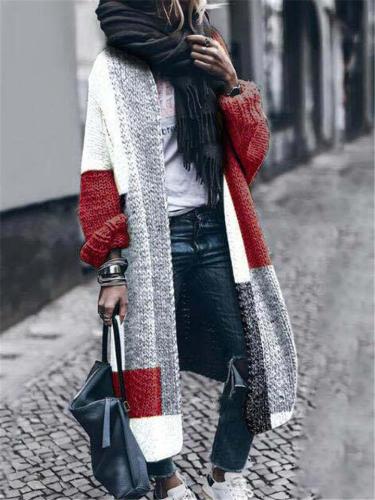 Loose Fit Open Front Color Block Knitted Sweater Cardigan