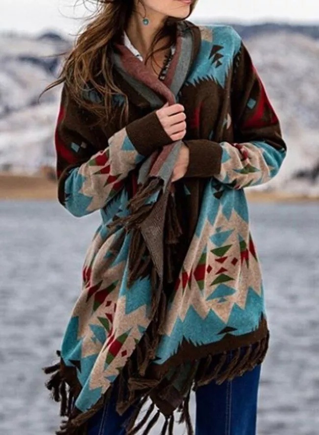 Cotton Geometric Long Sleeve Aztec Jacket & Duster Coat