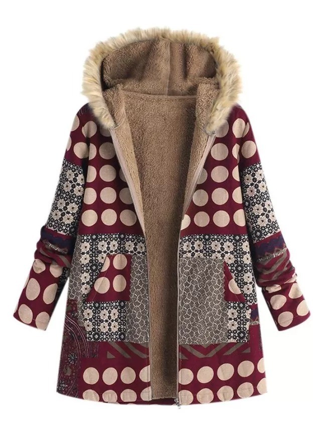Cozy Warm Cotton Linen Fur Lining Pocket Printed Hooded Coat