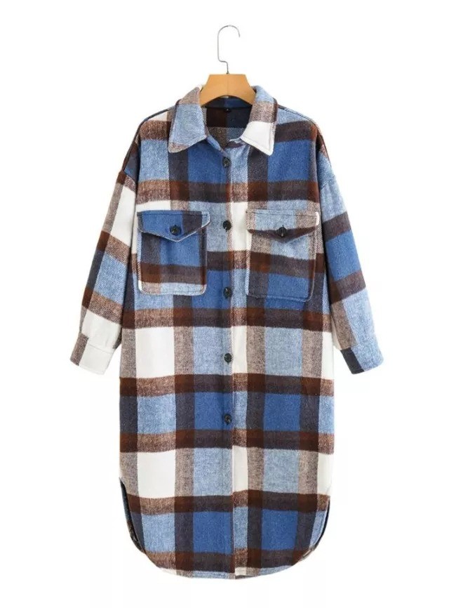 Comfortable Chest Pocket Button Fastening Curved Hem Checked Pattern Midi Plaid Jacket Coat