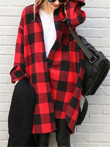 Comfortable Classic Lapel Collar Checked Print Button Fastening Side Slit Plaid Jacket Coat