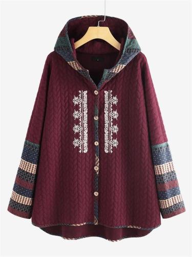 Ethnic Print Button-Up Long Sleeve Hooded Aztec Jacket & Coat