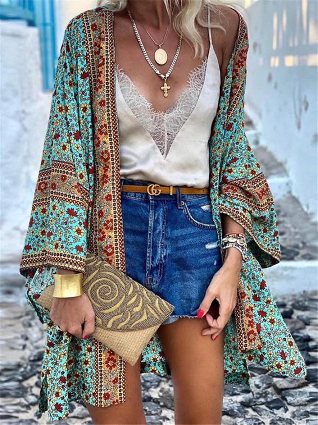 Bohemian Style Floral Pattern Loose Fit Aztec Long Sleeve Open Front Cardigan