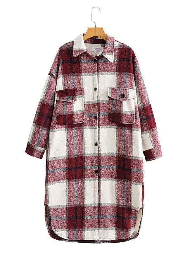 Comfortable Chest Pocket Button Fastening Curved Hem Checked Pattern Midi Plaid Jacket Coat