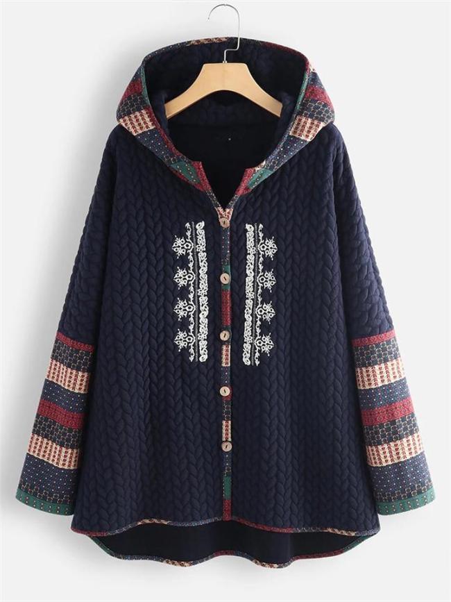 Ethnic Print Button-Up Long Sleeve Hooded Aztec Jacket & Coat