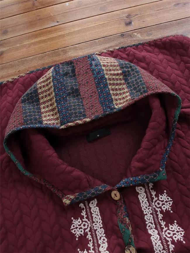 Ethnic Print Button-Up Long Sleeve Hooded Aztec Jacket & Coat