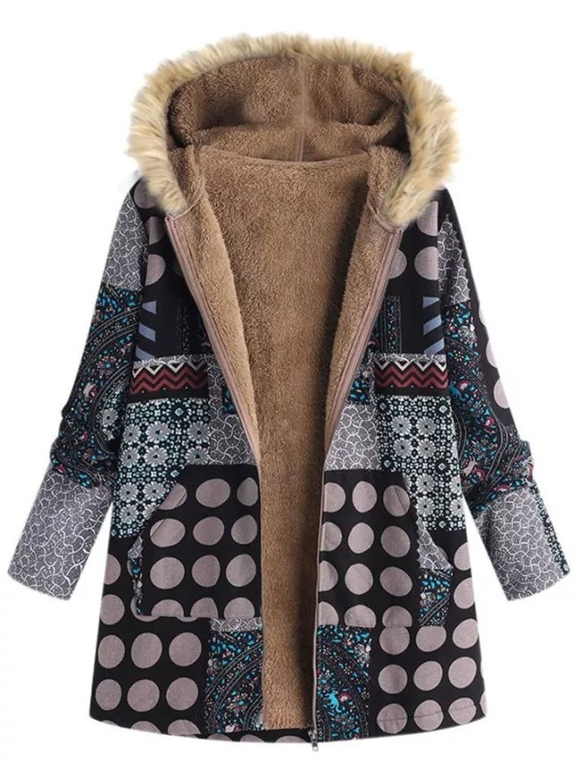 Cozy Warm Cotton Linen Fur Lining Pocket Printed Hooded Coat