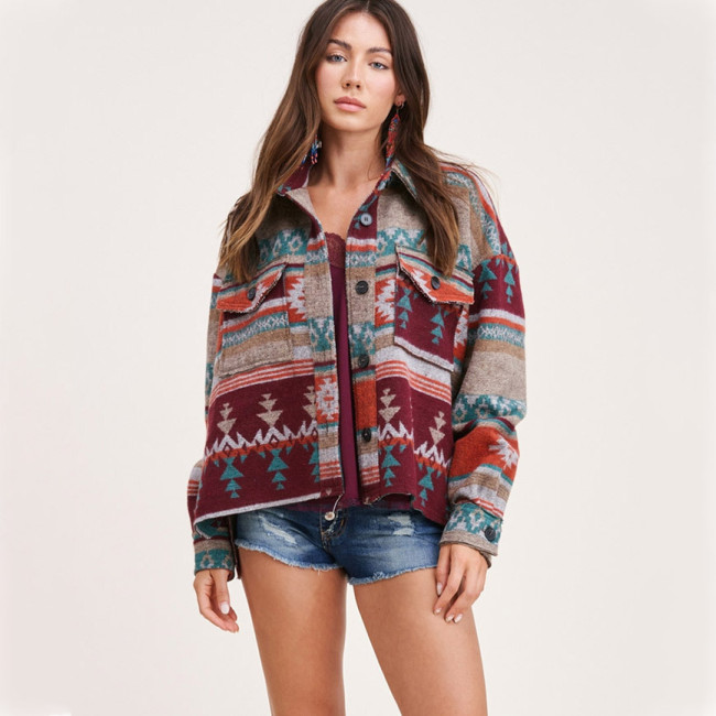 2021 Retro & Western Wear Aztec Printed Woolen Long-Sleeved Straight Jacket Female