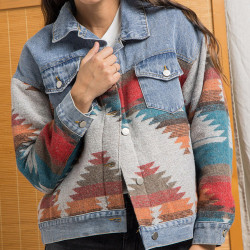 2021 Aztec Vintage Women Jacket denim Stitched Tweed Coat Long Sleeve Lapel