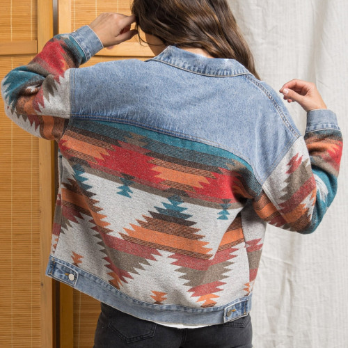 2021 Aztec Vintage Women Jacket denim Stitched Tweed Coat Long Sleeve Lapel