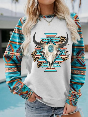 Casual Round Neck Cotton-Blend Tribal Sweatshirt