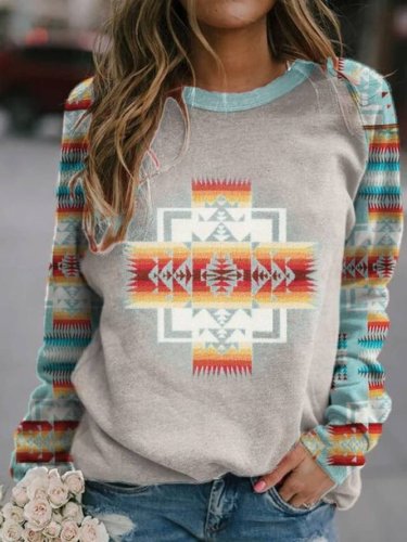 Aztec Cotton Crew Neck Sweatshirt for Women
