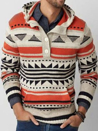 Hooded Pocket Color Block Standard Slim Men's Aztec Sweater