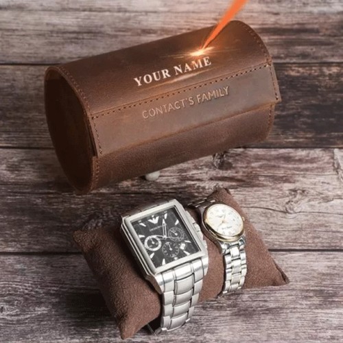 Engrave Name 2 Slot Watch Box Handmade Watch Roll Cow Leather Travel Case Retro Wristwatch Pouch with Slide in Out Organizer