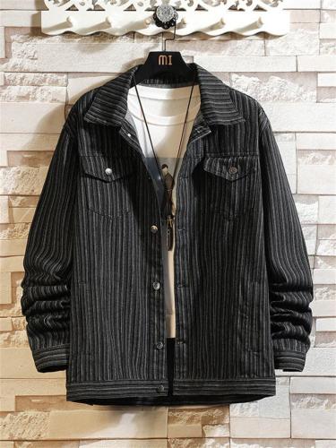 Men's Loose Striped Washed Effect Denim Jacket