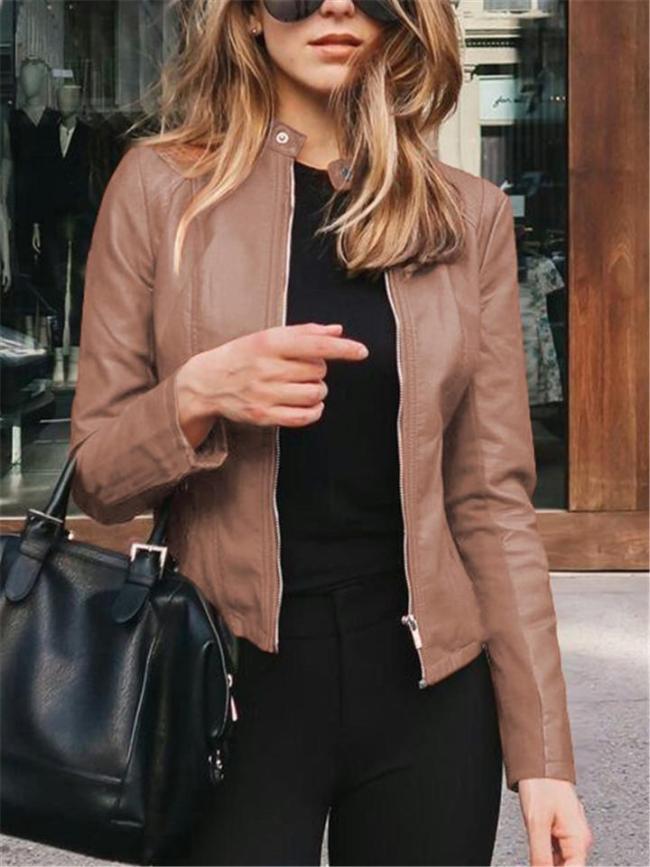 Easy Fit Full Zipper Solid Color Faux Leather Jackets