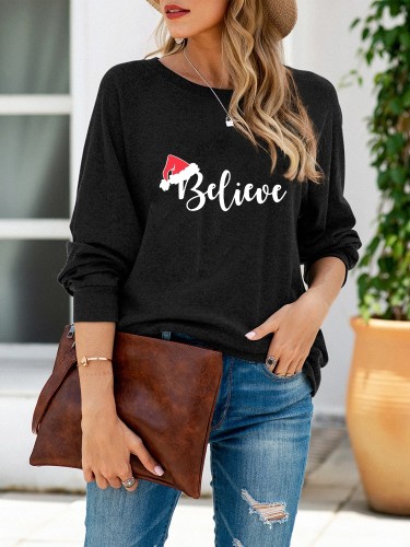 Women's Christmas Theme Christmas Hat Letter Printed Round Neck Sweater
