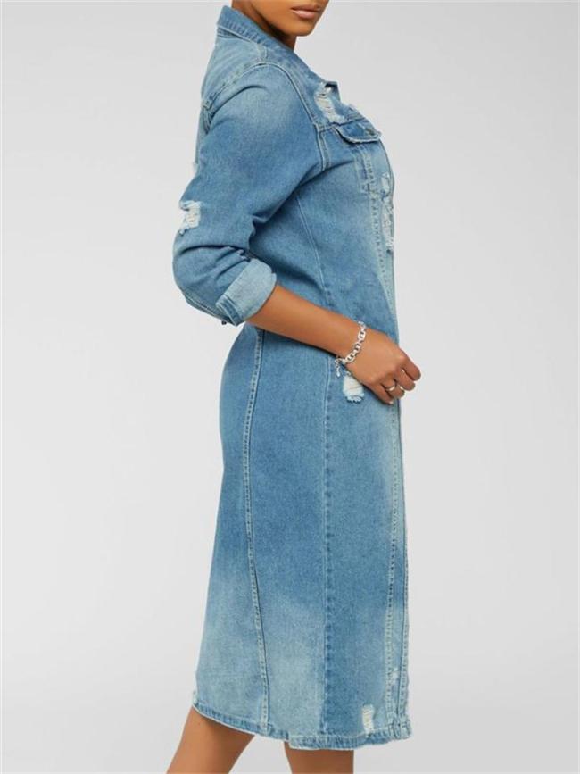 Stylish Faded Effect Ripped Frayed Loose Over The Knee Long Denim Coat
