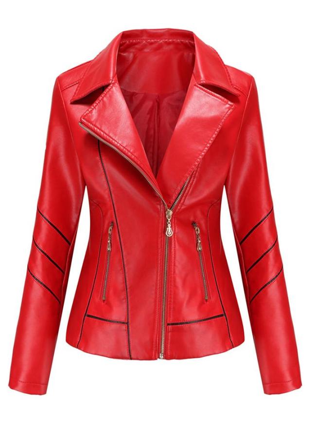 Women’s Notched Collar Side Pocket PU Leather Thin Jacket Coat