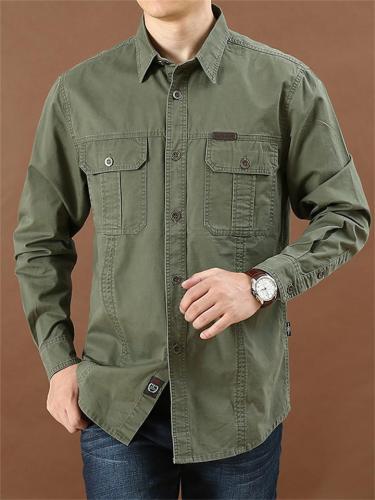 Men's Decent Casual Loose Long-Sleeved Solid Color Cotton Shirt