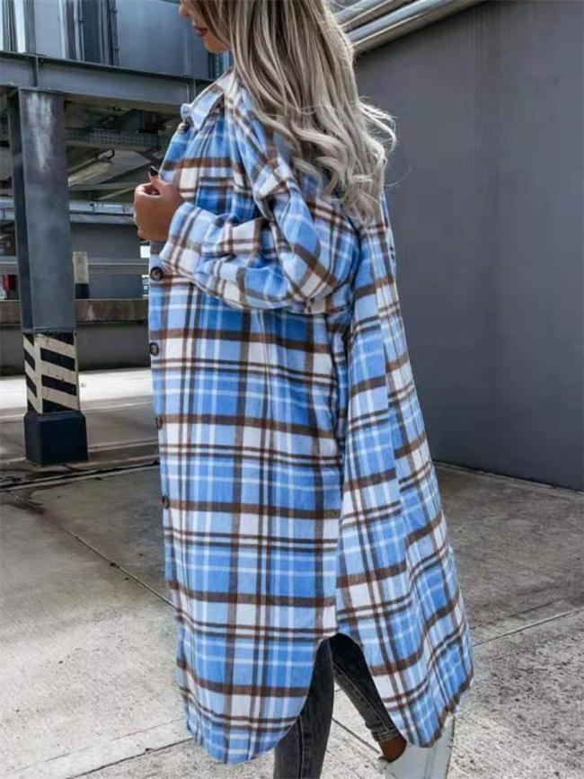 Exquisite Plaid Lapel Over-The-Knee Buttoned Long-Sleeved Coat