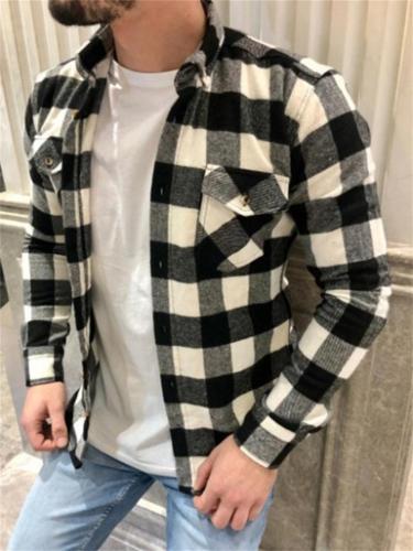 Fashion Slim Long-Sleeved Lapel Plaid Shirt