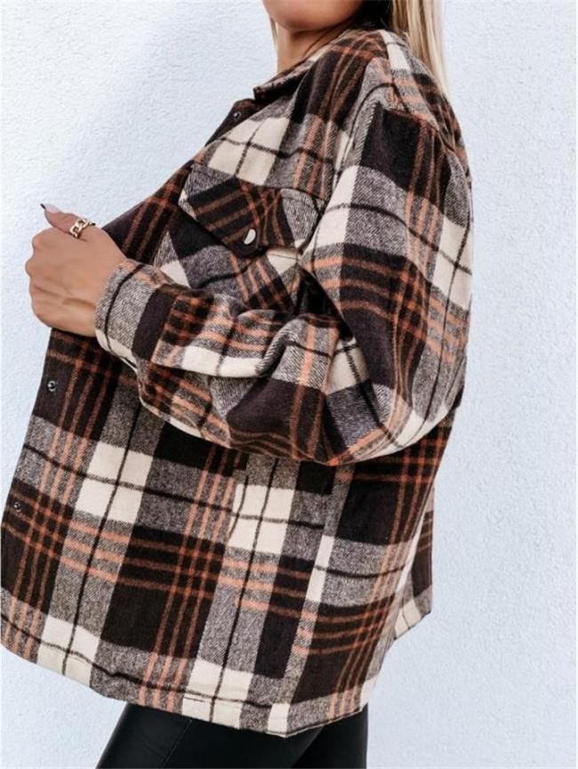 Stylish Classic Collar Single-Breasted Checked Chest Pocket  Plaid Western Shirt Jacket