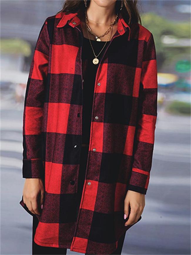 Women's Pretty Check Print Lapel Long Sleeve Top Plaid Shirt Jacket