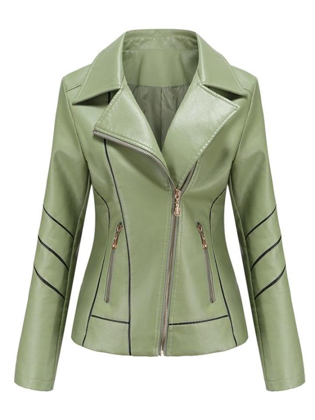 Women’s Notched Collar Side Pocket PU Leather Thin Jacket Coat